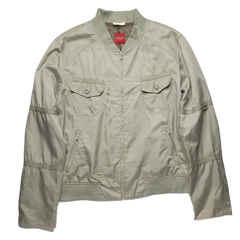 Vintage Silk Lightweight Aviator Bomber Sage Jacket Quiet Luxury Elevated Medium